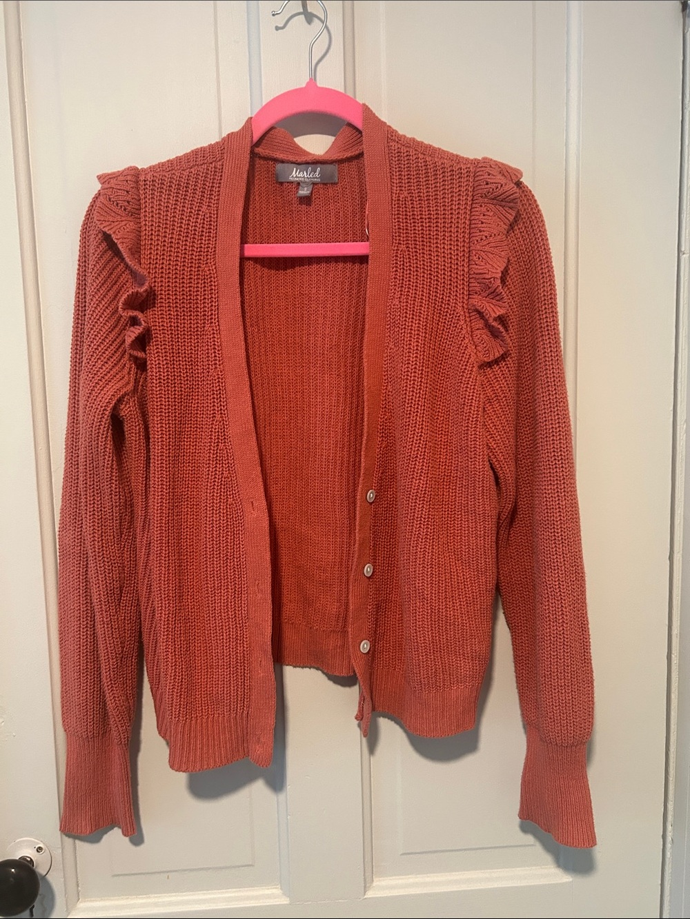 Open-Front Ruffle Shoulder Cardigan Sweater - Rust